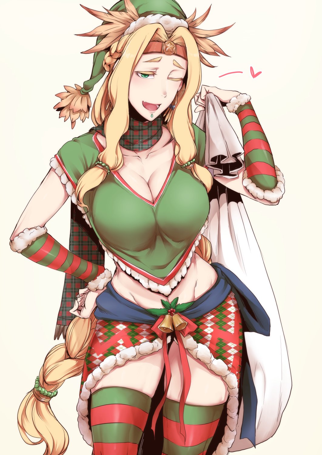 ;d bell blonde_hair braid breasts christmas cleavage collarbone commentary_request earrings fate/grand_order fate_(series) hand_on_hip hat heart highres jewelry large_breasts long_hair looking_at_viewer midriff nakamura_regura one_eye_closed open_mouth quetzalcoatl_(fate/grand_order) sack scarf simple_background smile solo striped striped_legwear thighhighs very_long_hair white_background