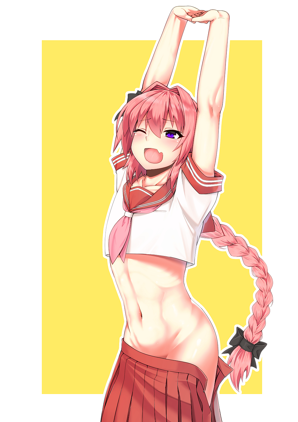 ;d arms_up astolfo_(fate) bad_id bad_pixiv_id black_bow blush bow braid fang fate/apocrypha fate/grand_order fate_(series) hair_bow highres i_7ki long_hair male_focus navel one_eye_closed open_mouth otoko_no_ko pink_hair purple_eyes red_skirt school_uniform serafuku short_sleeves single_braid skirt smile solo yawning yellow_background