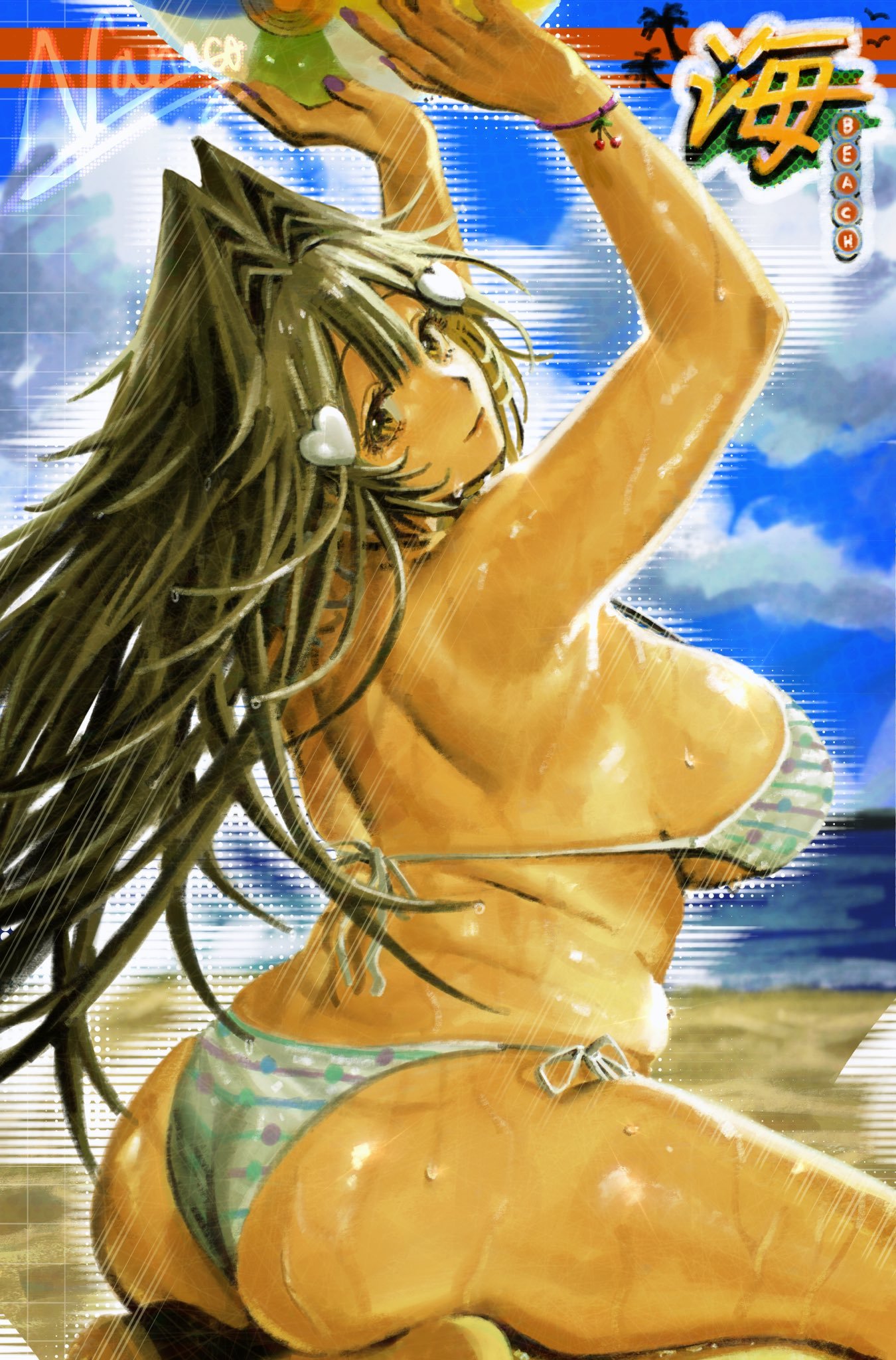 1girl arms_up ass bikini blonde_hair blue_sky breasts character_name cherry cloud cloudy_sky fat_rolls food from_behind fruit hair_ornament halftone heart heart_hair_ornament highres hott0g111 long_hair looking_at_viewer nanaco_(hott0g111) original outdoors plump purple_nails sideboob sky smile solo striped_bikini striped_clothes sweat swimsuit third-party_source