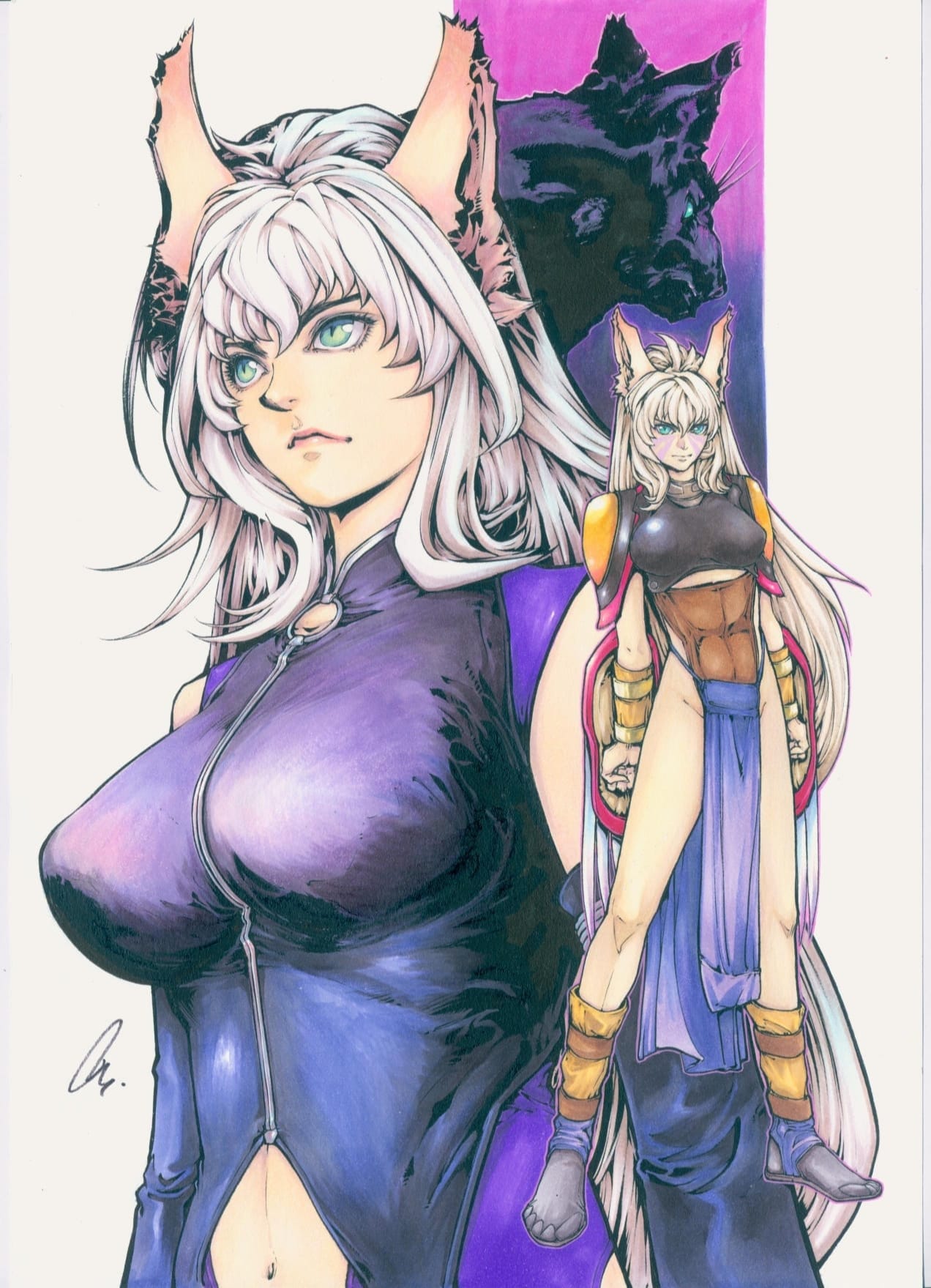 1girl andy_seto animal_ears armor black_panther blue_eyes breasts cat_ears chinese_commentary clothing_cutout commentary cyber_weapon_z english_commentary frown groin highres large_breasts long_hair marker_(medium) medium_breasts mixed-language_commentary navel navel_cutout pelvic_curtain rosaland_(cyber_weapon_z) serious shoulder_armor signature slit_pupils traditional_media white_hair