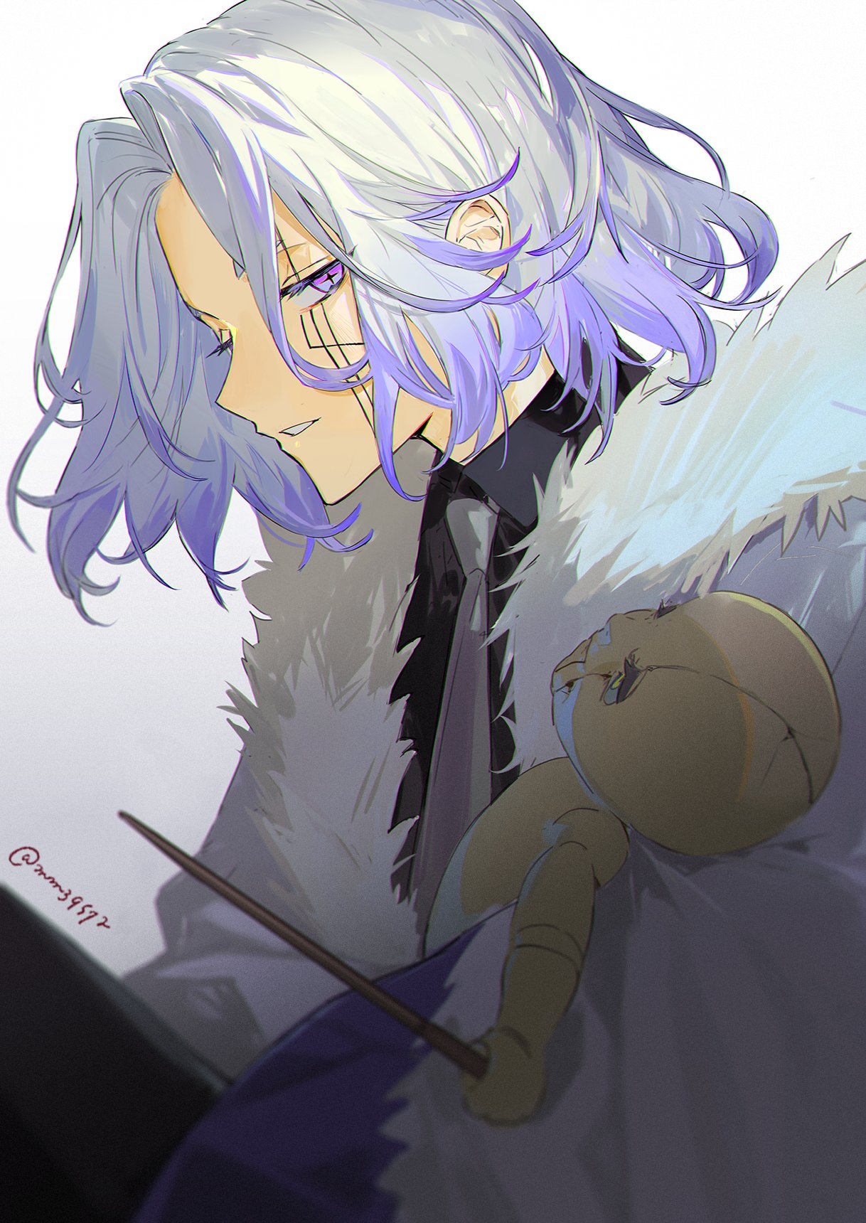 1boy abel_walker black_shirt coat collared_shirt fur-trimmed_coat fur_trim grey_hair grey_necktie highres looking_at_another mashle mm39572 multicolored_hair necktie parted_lips puppet purple_eyes shirt short_hair solo two-tone_hair wand white_background