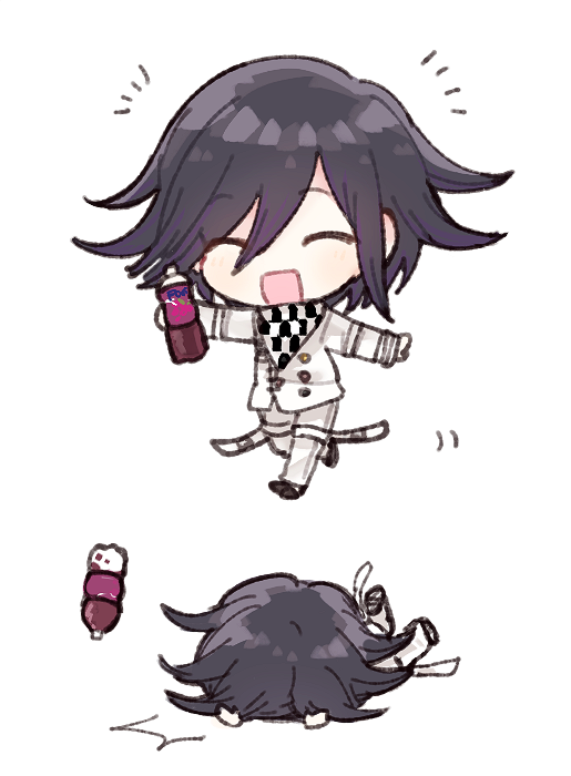 1boy bangs buttons checkered_scarf danganronpa drink eyes_closed new_danganronpa_v3 open_mouth ouma_kokichi pants purple_hair scarf shirt short_hair side_bangs solo straitjacket white_shirt