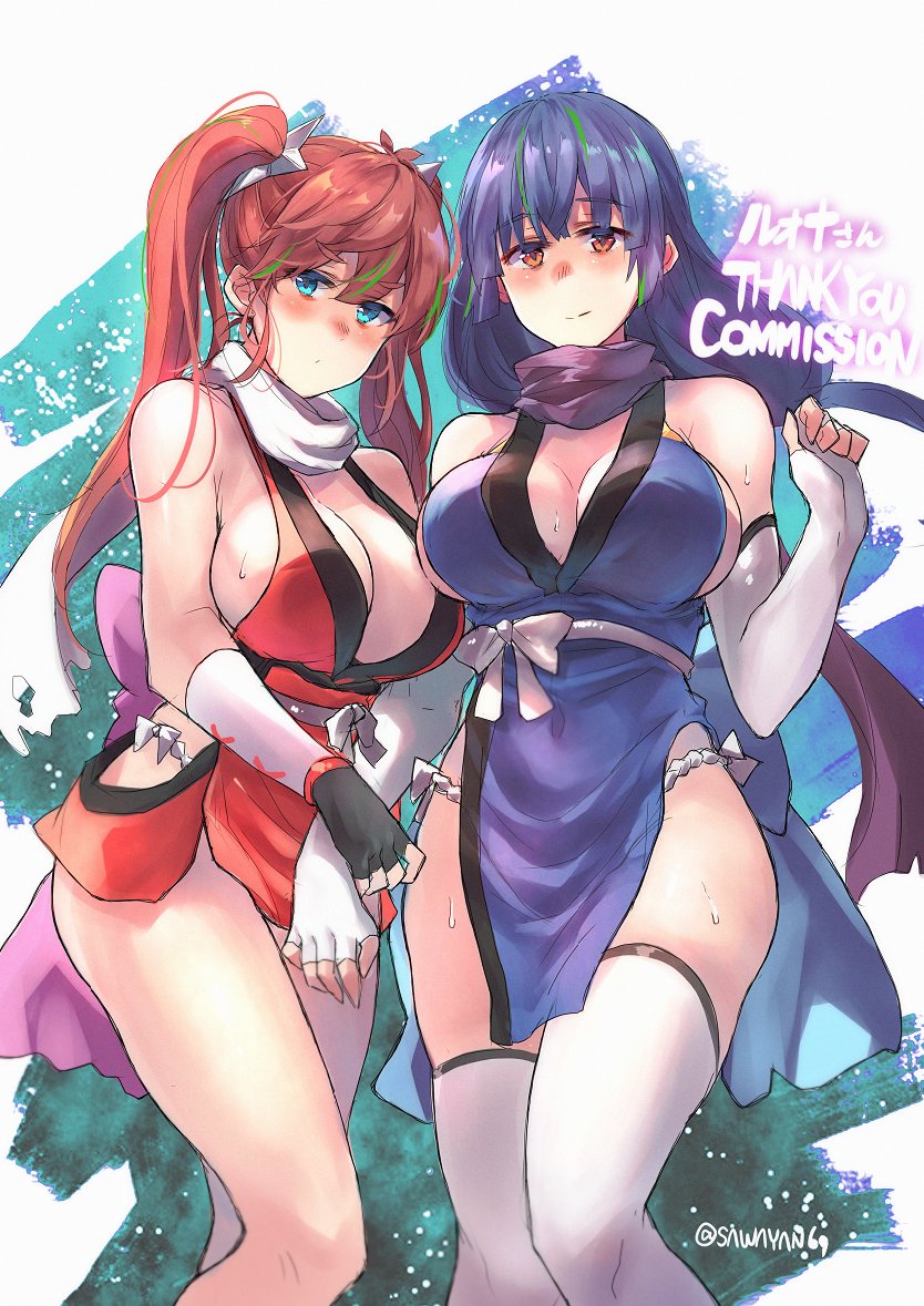 2girls aqua_eyes artist_name bare_shoulders blue_hair breasts cleavage clothing_cutout elbow_gloves fingerless_gloves gloves multiple_girls orange_eyes original pelvic_curtain red_hair revealing_clothes sawaya_(mizukazu) scarf side_cutout sideboob sweat thighhighs twintails white_gloves white_scarf white_thighhighs