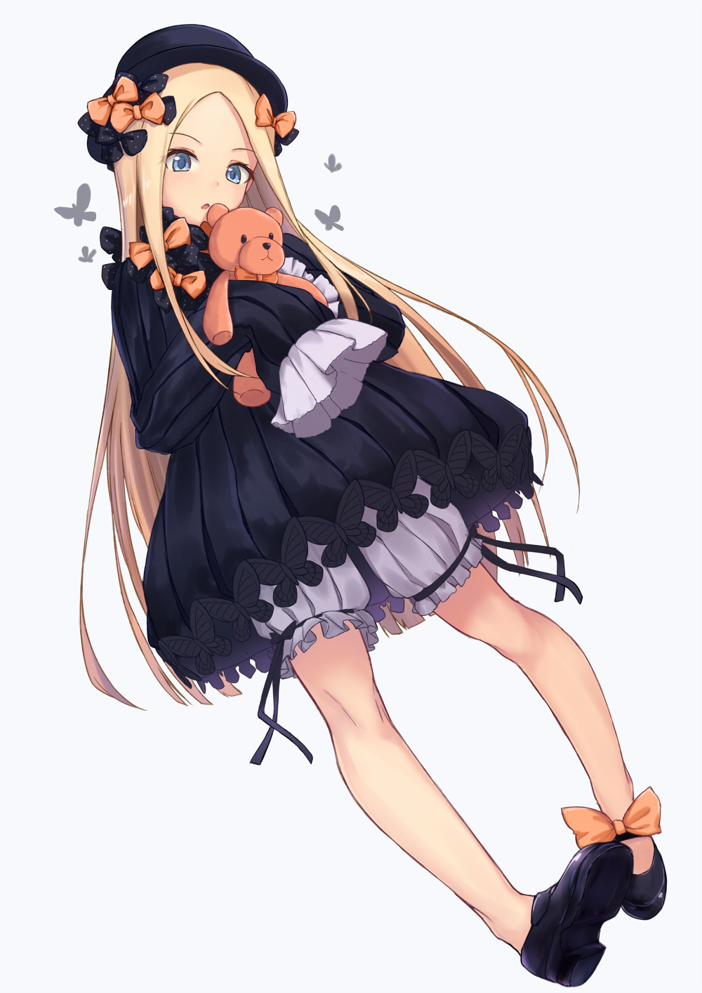 abigail_williams_(fate/grand_order) bangs black_bow black_dress black_footwear black_hat blonde_hair bloomers blue_eyes bow bug butterfly commentary_request dress dutch_angle eyebrows_visible_through_hair fate/grand_order fate_(series) forehead full_body hair_bow hat highres insect itachi_kanade long_hair long_sleeves looking_at_viewer mary_janes object_hug orange_bow parted_bangs parted_lips polka_dot polka_dot_bow shoes simple_background sleeves_past_fingers sleeves_past_wrists solo stuffed_animal stuffed_toy teddy_bear underwear very_long_hair white_background white_bloomers