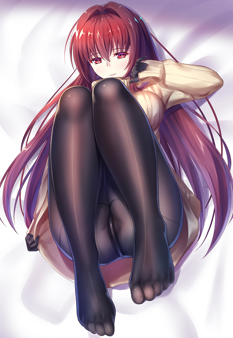 alternate_costume arm_at_side bangs bed_sheet black_gloves black_legwear blush breasts closed_mouth colored_eyelashes crotch_zipper dress eyebrows_visible_through_hair fate/grand_order fate_(series) feet from_above frown full_body gloves hair_intakes legs_together legs_up long_hair long_sleeves looking_at_viewer lying medium_breasts no_shoes on_back pantyhose red_eyes red_hair scathach_(fate)_(all) scathach_(fate/grand_order) shiny shiny_hair sleeves_past_wrists solo straight_hair sweater sweater_dress thighband_pantyhose toes turtleneck turtleneck_sweater very_long_hair yellow_dress zha_yu_bu_dong_hua zipper