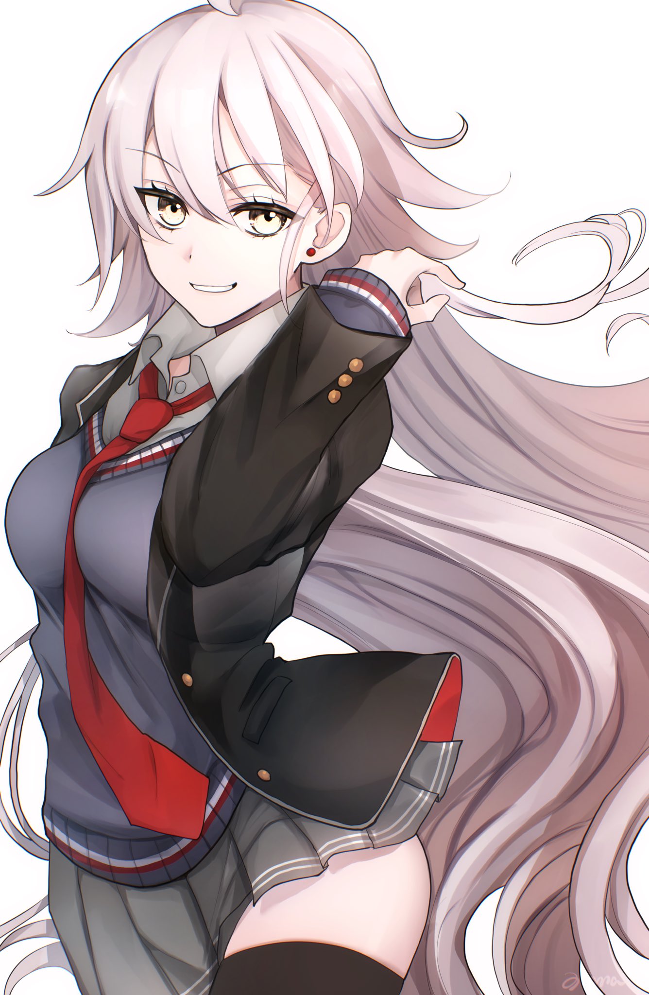 1girl ahoge alternate_hair_length alternate_hairstyle black_jacket black_thighhighs buttons cardigan collared_shirt commentary_request fate/grand_order fate_(series) fufufu_hehehe grey_cardigan grey_skirt grin hair_between_eyes highres jacket jeanne_d'arc_alter_(fate) long_hair long_sleeves looking_at_viewer necktie official_alternate_costume open_clothes open_jacket pleated_skirt red_necktie school_uniform shirt simple_background skirt smile solo thighhighs uniform very_long_hair white_background white_shirt yellow_eyes
