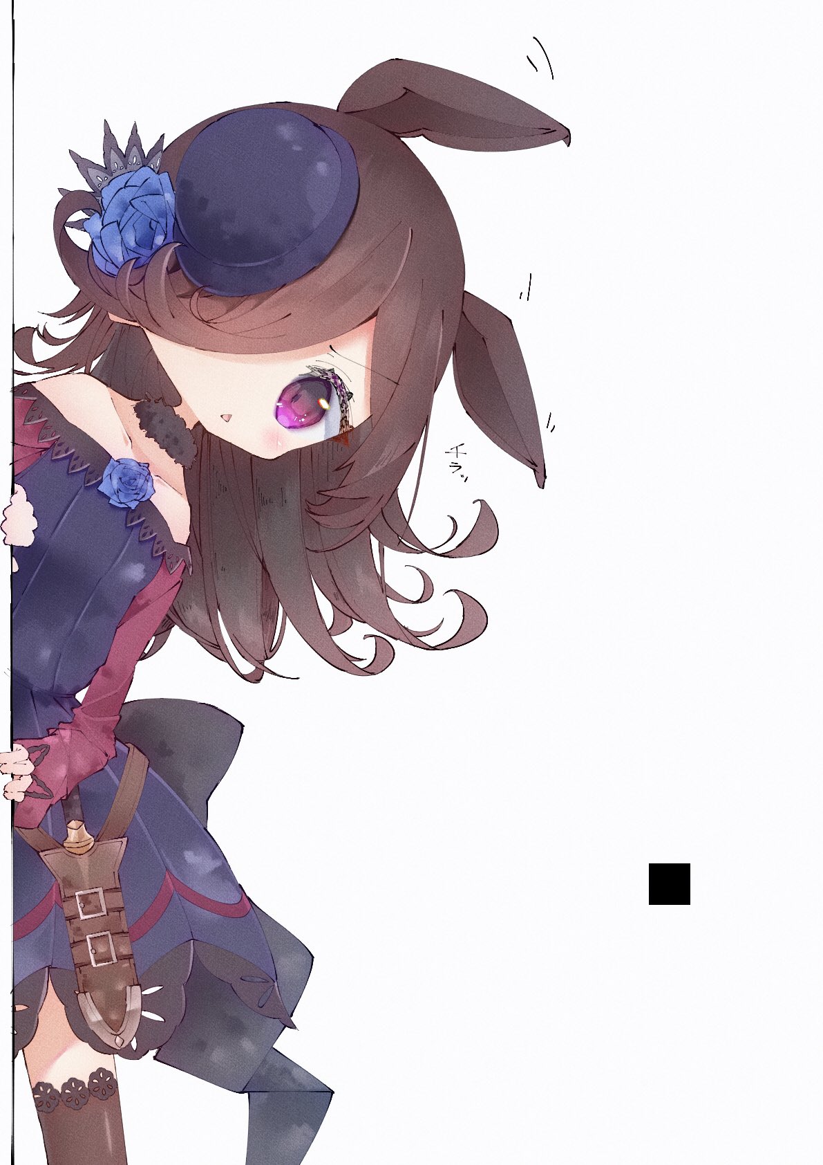 1girl animal_ears back_bow belt black_bow blue_flower blue_rose bow bowler_hat brown_hair brown_thighhighs dagger dress flower fur_collar hair_over_one_eye hat hat_flower highres horse_ears horse_girl knife knife_sheath lace lace-trimmed_dress lace-trimmed_thighhighs lace_trim large_bow leaning_to_the_side long_hair n_u off-shoulder_dress off_shoulder one_eye_covered purple_eyes rice_shower_(umamusume) rose sheath sheathed thighhighs tilted_headwear triangle_mouth umamusume weapon