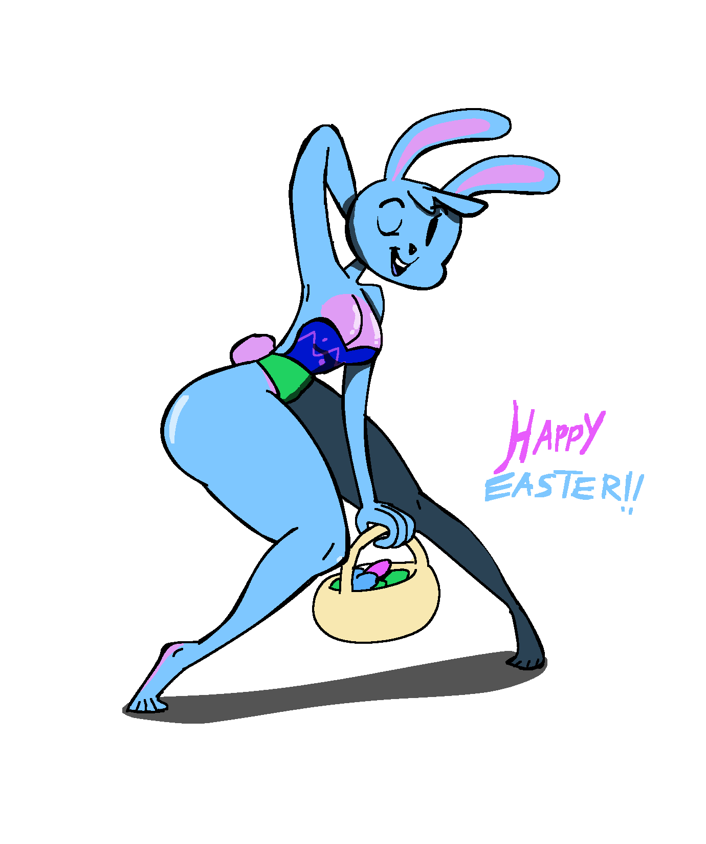 2022 4_fingers 4_toes anthro barefoot basket blue_body blue_fur blue_hair blue_text breasts butt butt_focus cleavage clothed clothing container digital_drawing_(artwork) digital_media_(artwork) easter easter_bunny easter_egg egg english_text feet female fingers first_person_view fur hair hand_behind_head hi_res holding_basket holding_container holding_object holidays lagomorph leporid looking_at_viewer mammal one_eye_closed open_mouth pink_text rabbit rabbit_ears shadow simple_background solo solo_focus text toes whimbly white_background wink