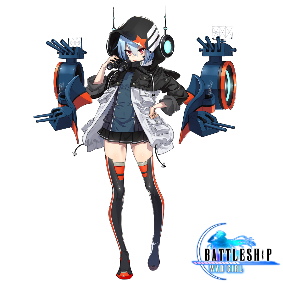 battleship:_war_girl binoculars black_skirt blue_hair cannon copyright_name full_body hair_between_eyes hand_on_hip headset helena_(battleship:_war_girl) hood hood_up jacket looking_at_viewer miniskirt official_art open_clothes open_jacket open_mouth pleated_skirt red_eyes short_hair skirt sleeves_folded_up solo standing thighhighs westxost_(68monkey) zettai_ryouiki