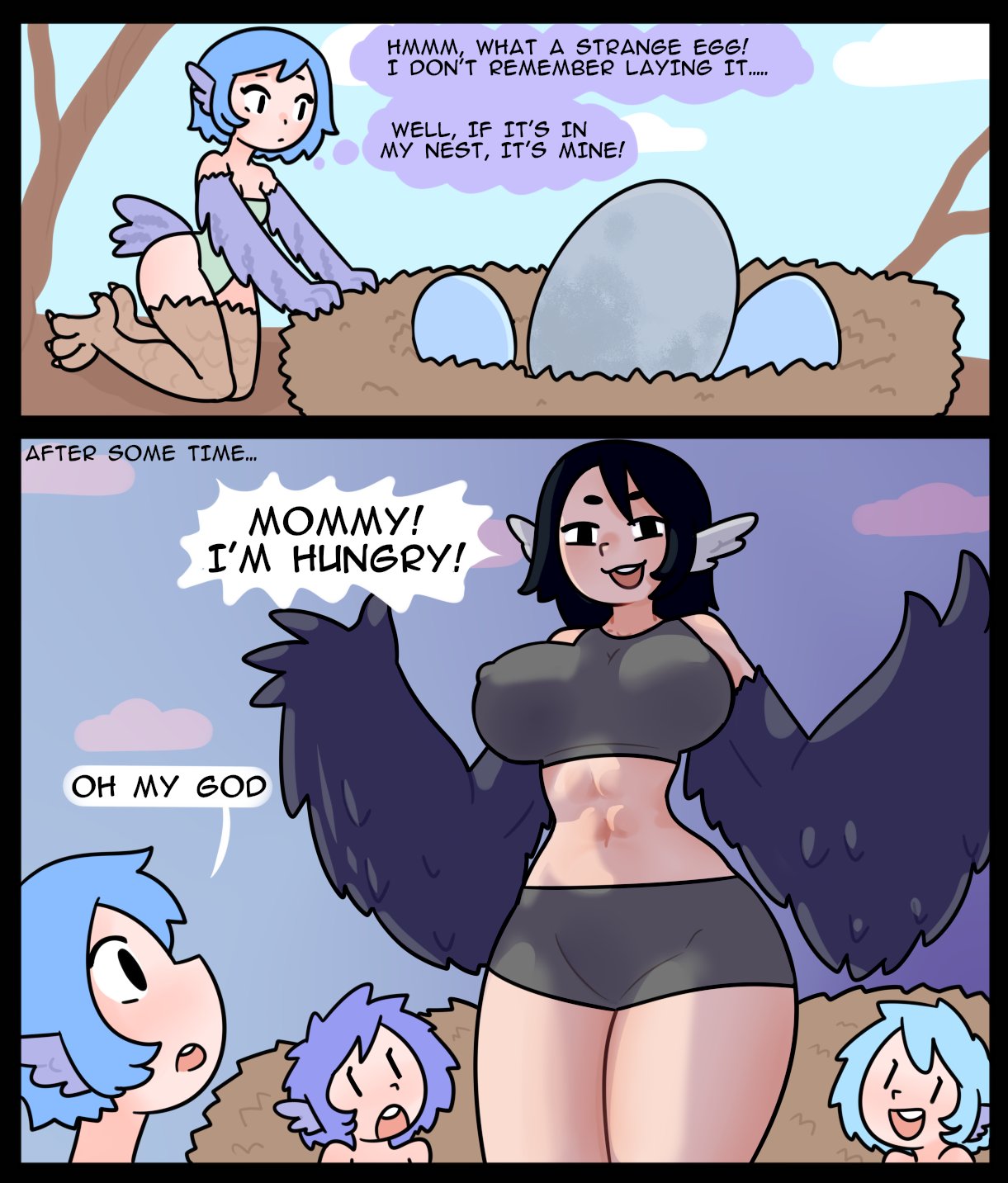 2_panel_comic animal_humanoid avian avian_humanoid bird bird_humanoid black_body black_feathers black_hair blue_body blue_feathers blue_hair bottomwear bra brown_body brown_skin clothing cuculiform dialogue dot_eyes egg english_text feathers female group hair half-closed_eyes hi_res humanoid humor leotard narrowed_eyes nest open_mouth open_smile red7cat shorts smile speech_bubble sports_bra tan_body tan_skin text thought_bubble underwear winged_arms wings