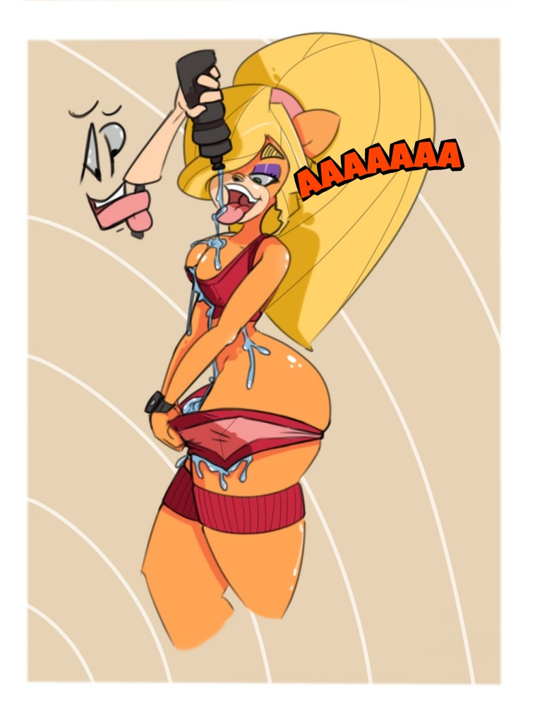 breasts cleavage clothed clothing clothing_pull coco_bandicoot crash_bandicoot_(series) drooling female pattern_background saliva simple_background sport tongue tongue_out undressing video_games wet