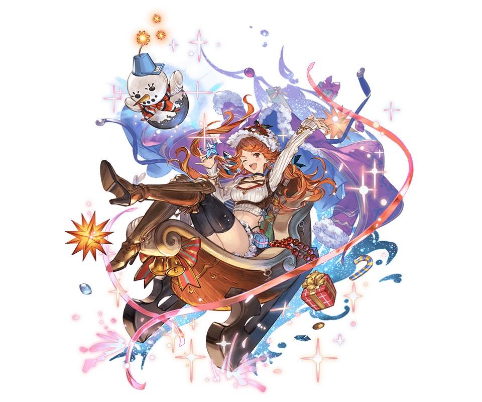 ;d bomb boots cape full_body gift granblue_fantasy hat long_hair looking_at_viewer mary_(granblue_fantasy) minaba_hideo official_art one_eye_closed open_mouth orange_eyes orange_hair sleigh smile snowman solo transparent_background twintails