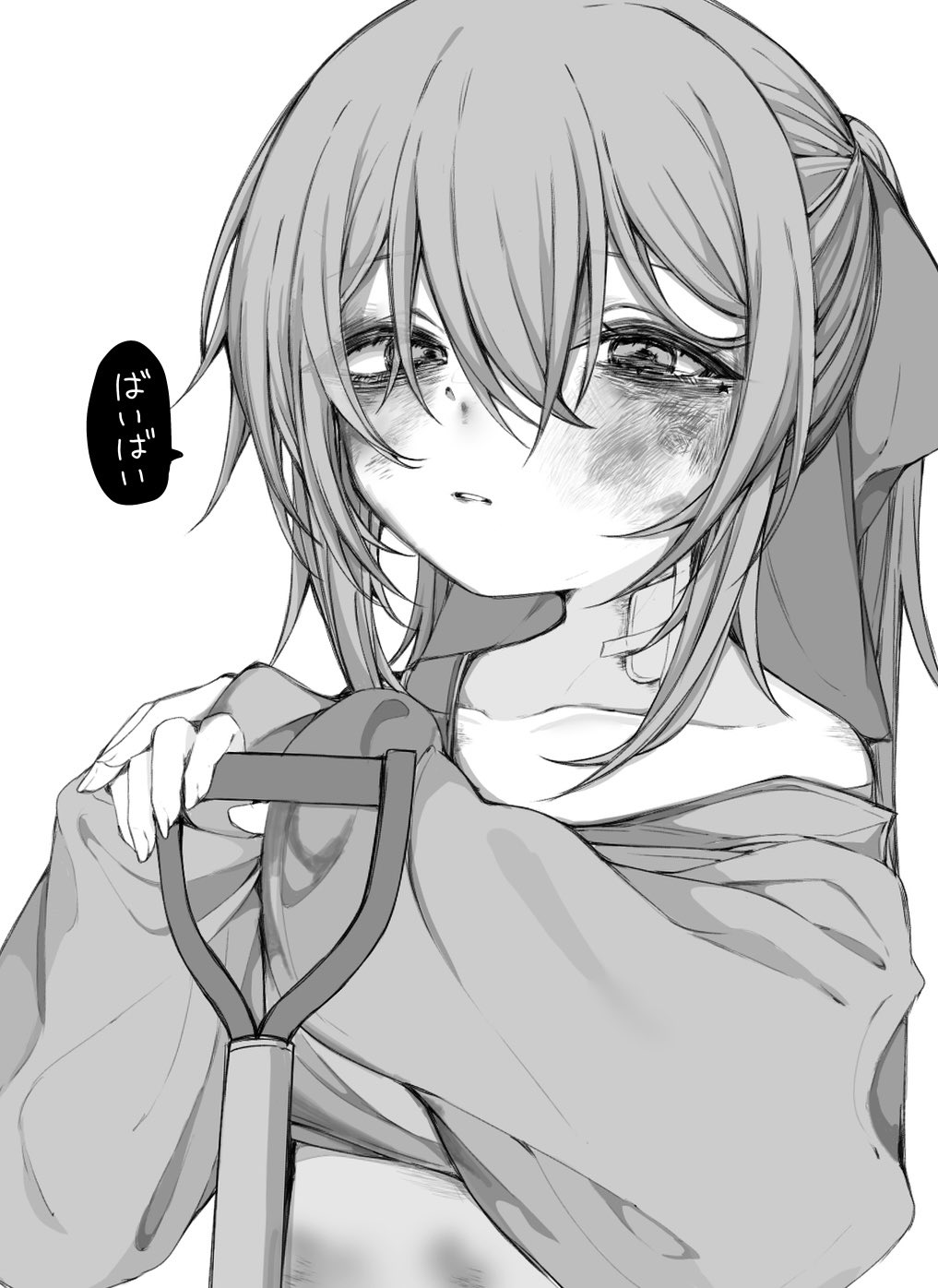 1girl bare_shoulders bow bruise bruise_on_face collarbone expressionless greyscale hair_between_eyes hair_bow highres injury long_hair monochrome mushoku_loli mushoku_loli_(character) original parted_lips ponytail shirt shovel simple_background solo