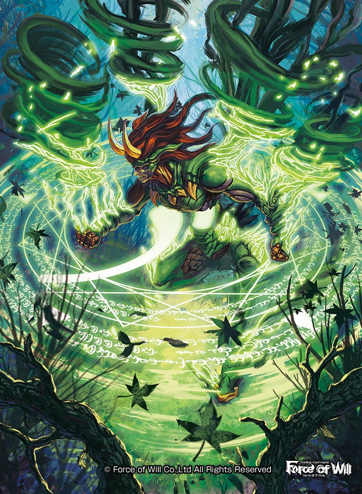 armor copyright_name force_of_will gloves green_skin horns leaf long_hair magic_circle male_focus naginyan official_art red_eyes red_hair solo tree