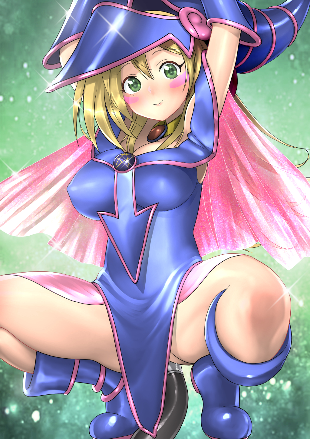 1girl anal_insertion artist_request bare_legs bare_shoulders blonde_hair blush boots breasts choker cleavage collarbone dark_magician_girl duel_monster female hair_between_eyes happy hat large_breasts long_hair looking_at_viewer magical_girl penetration shiny smile solo wizard_hat yu-gi-oh!