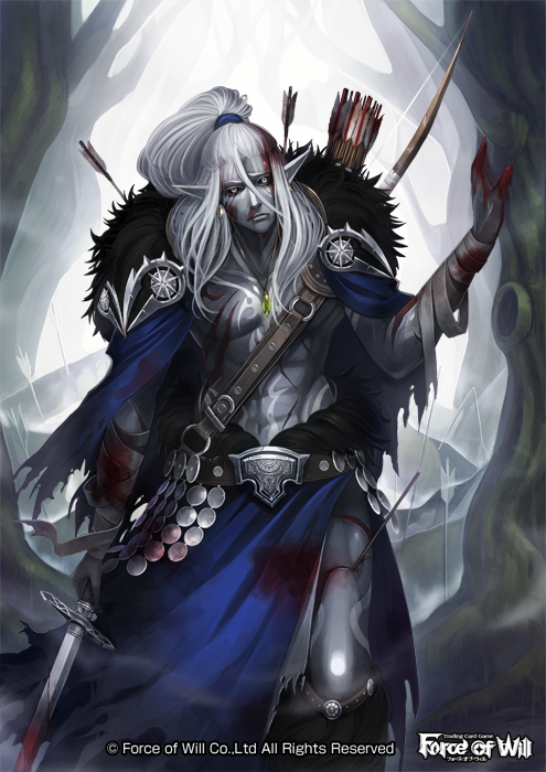 abs arrow black_sclera blood bow_(weapon) cape copyright_name force_of_will fur_trim grey_skin injury jewelry long_hair male_focus navel necklace official_art pointy_ears ponytail shirtless solo sword tattoo tree weapon white_eyes white_hair