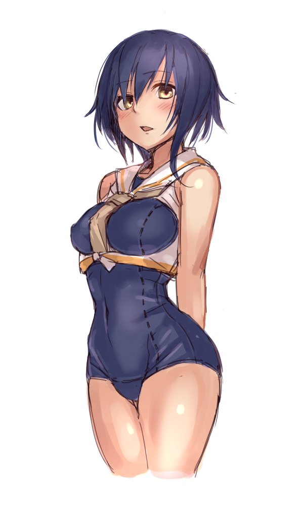 arms_behind_back bare_shoulders blue_hair blue_swimsuit blush breasts commentary covered_navel cowboy_shot crop_top eyebrows_visible_through_hair fumikiri hair_between_eyes i-13_(kantai_collection) kantai_collection large_breasts legs_together looking_at_viewer necktie no_headgear one-piece_swimsuit parted_lips sailor_collar school_uniform serafuku short_hair simple_background solo swimsuit white_background white_sailor_collar yellow_eyes yellow_neckwear