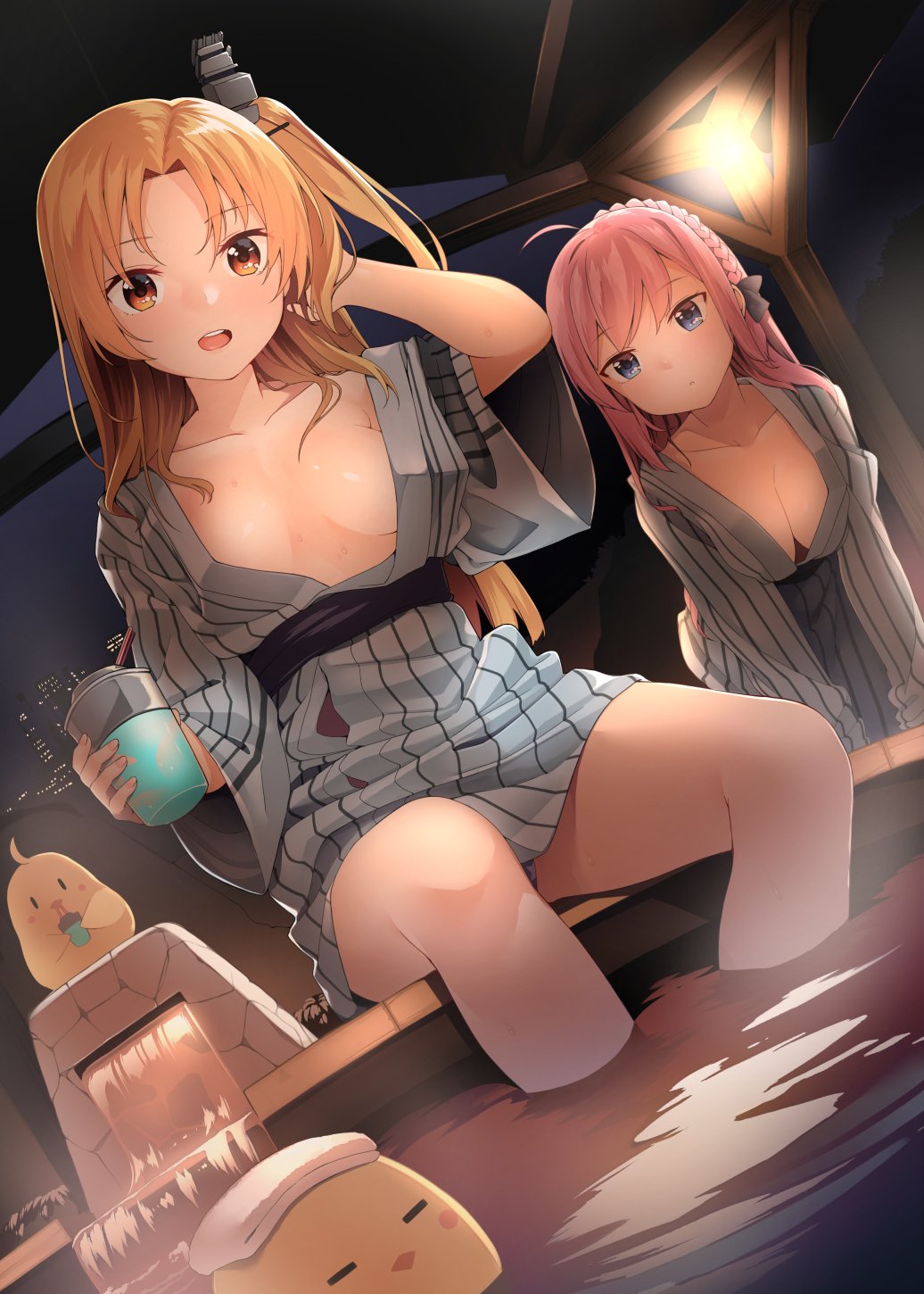 :d :o adjusting_hair afloat ahoge all_fours atlanta_(azur_lane) azur_lane bangs bare_legs bath_yukata bird black_ribbon blonde_hair blue_eyes blush blush_stickers braid breasts breasts_apart brown_eyes byte_(allbyte) chick cityscape cleavage cleveland_(azur_lane) collarbone commentary_request crown_braid cup downblouse dutch_angle grey_kimono hair_ribbon hand_up hanging_breasts headgear highres holding holding_cup japanese_clothes kimono large_breasts looking_at_viewer medium_breasts multiple_girls night one_side_up onsen open_clothes open_kimono open_mouth panties pantyshot pantyshot_(sitting) parted_bangs parted_lips pink_hair ribbon round_teeth sash short_hair sitting smile soaking_feet solid_oval_eyes striped swept_bangs teeth towel towel_on_head underwear vertical_stripes water yukata