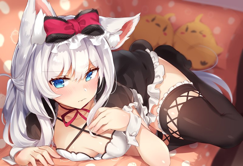animal_ears azur_lane black_legwear blue_eyes blurry blush bow breasts cat_ears cat_girl check_commentary choker cleavage closed_mouth commentary commentary_request couch criss-cross_halter cross-laced_clothes cross-laced_legwear depth_of_field eyebrows_visible_through_hair frill_trim hair_bow halterneck hammann_(azur_lane) lace-trimmed_bow long_hair looking_at_viewer lying ribbon_choker small_breasts solo thighhighs tsurime white_hair wrist_cuffs yamaarashi