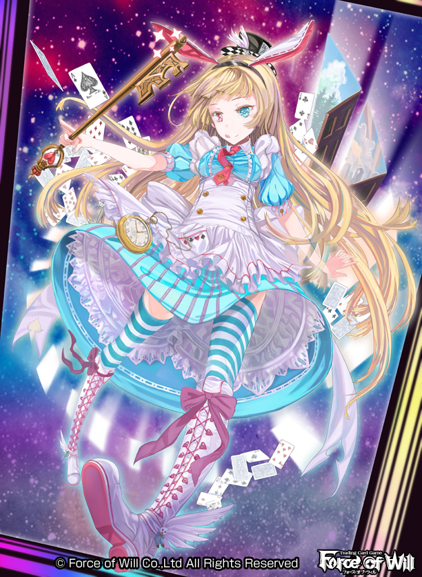 alice_(force_of_will) animal_ears apron blonde_hair blue_eyes boots bow bunny_ears card clock copyright_name feathers force_of_will hat heterochromia key long_hair official_art red_eyes solo sparkle striped striped_legwear thighhighs tongue tongue_out wednesday_(starsilver)