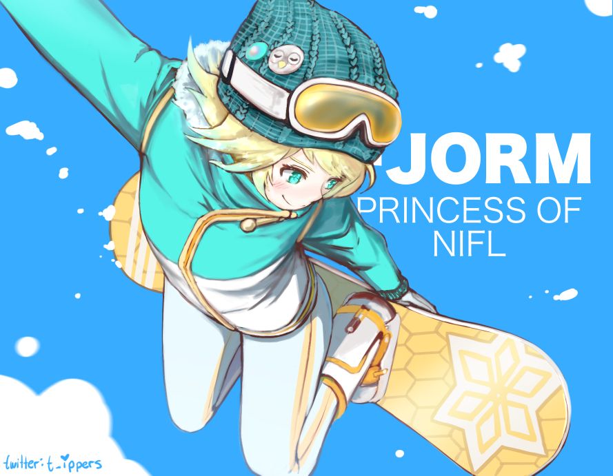 aqua_eyes artist_name blonde_hair blue_background character_name contemporary fire_emblem fire_emblem_heroes fjorm_(fire_emblem_heroes) from_above fur_trim hat ippers jacket short_hair simple_background ski_goggles smile snowboard snowboarding solo twitter_username winter_clothes