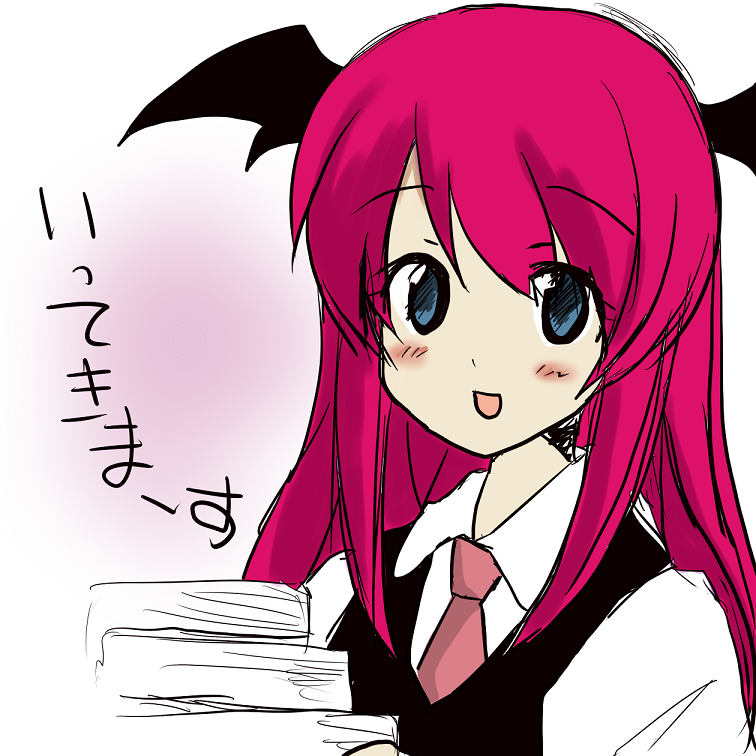 alice11304 alternate_eye_color bat_wings blue_eyes blush book book_stack collared_shirt commentary_request eyebrows_visible_through_hair head_wings holding holding_book koakuma looking_at_viewer necktie red_hair red_neckwear shirt simple_background sketch solo touhou translated vest white_background white_shirt wings