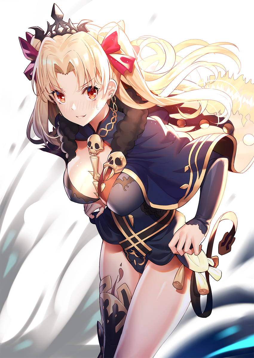 armor armored_boots asymmetrical_legwear bangs between_breasts blonde_hair blue_cape blue_dress blue_legwear blush boots bow breasts brown_eyes cape commentary covered_nipples detached_collar dress earrings ereshkigal_(fate/grand_order) eyebrows_visible_through_hair fate/grand_order fate_(series) fur-trimmed_cape fur_trim hair_bow highres jewelry large_breasts leaning_forward long_hair long_sleeves looking_at_viewer necklace nose_blush parted_bangs parted_lips purple_bow red_bow ririko_(zhuoyandesailaer) single_thigh_boot single_thighhigh skull sleeves_past_wrists solo spine sweat thigh_boots thighhighs tiara two_side_up very_long_hair