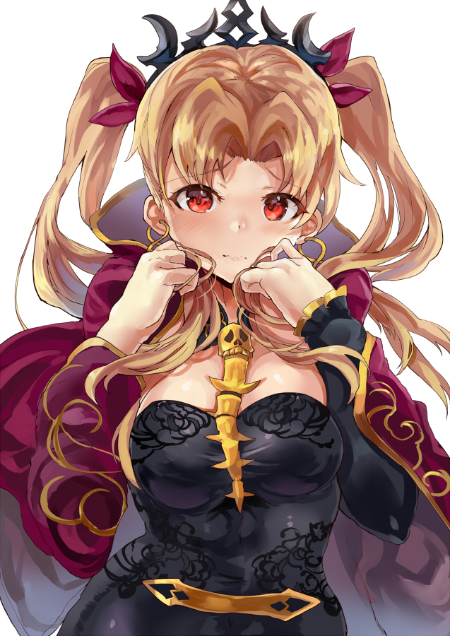 blonde_hair blush breasts cape earrings ereshkigal_(fate/grand_order) fate/grand_order fate_(series) himuro_(dobu_no_hotori) jewelry large_breasts light_smile long_hair looking_at_viewer red_eyes simple_background solo twintails white_background