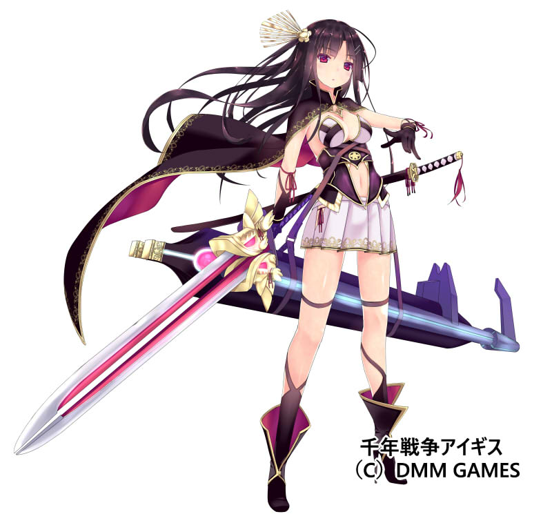:o akesaka_iku bangs black_cape black_footwear black_gloves black_legwear blush boots cape commentary_request eyebrows_visible_through_hair full_body gloves holding holding_sword holding_weapon huge_weapon katana kneehighs long_hair looking_at_viewer official_art parted_lips pleated_skirt purple_eyes purple_hair sennen_sensou_aigis sheath sheathed simple_background skirt solo standing sword tenma_(sennen_sensou_aigis) very_long_hair weapon white_background white_skirt