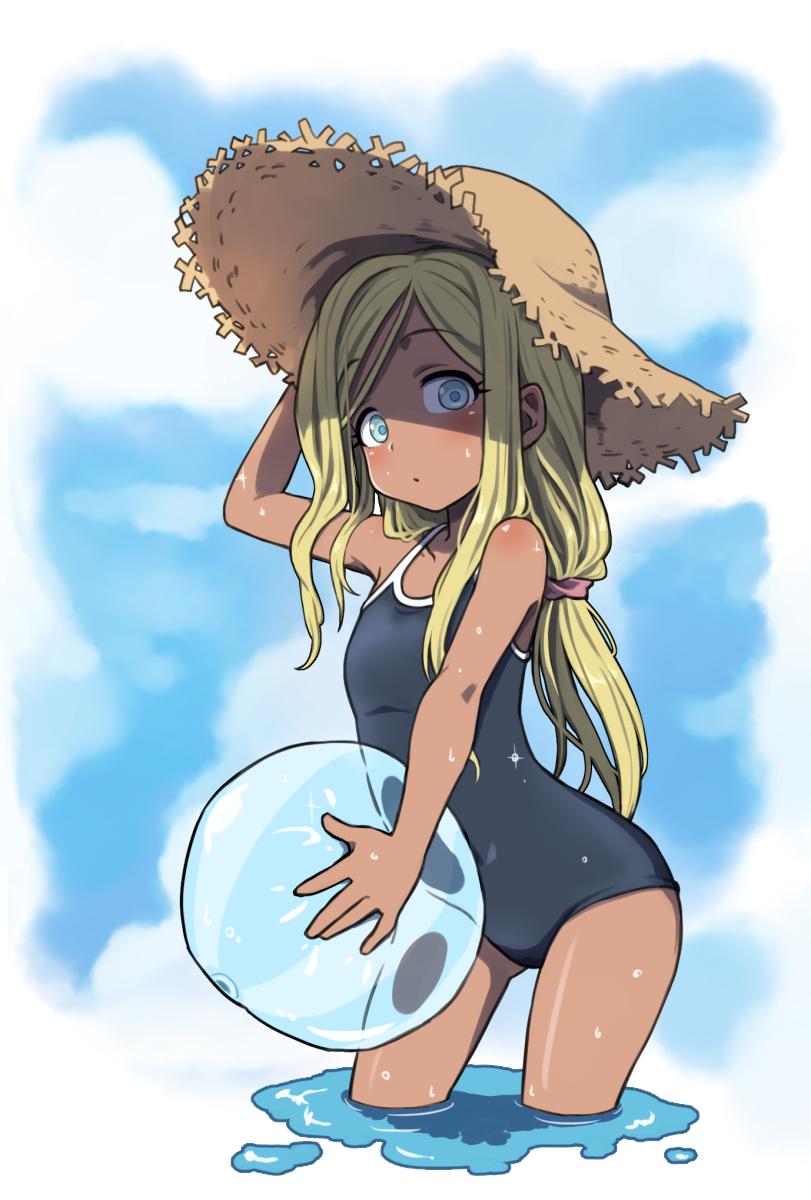 ball beachball blonde_hair blue_eyes blue_sky blue_swimsuit closed_mouth cloud dark_skin gazacy_(dai) hand_on_headwear hat highres idolmaster idolmaster_cinderella_girls layla_(idolmaster) long_hair looking_at_viewer low_ponytail one-piece_swimsuit sky solo straw_hat sun_hat swimsuit water_drop