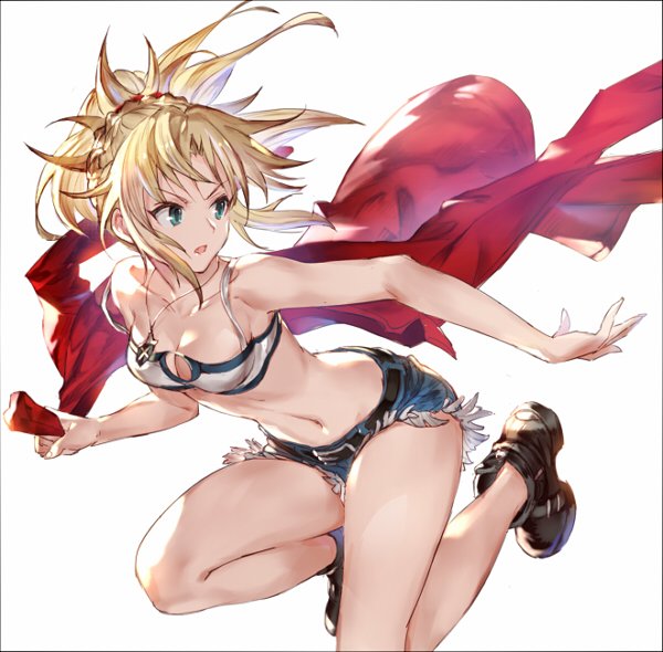 77gl :o ankle_boots armpits bandages bangs bare_arms bare_legs bare_shoulders belt belt_buckle black_border blonde_hair blue_eyes boots border breasts brown_footwear buckle cleavage collarbone cutoffs denim denim_shorts fate/apocrypha fate_(series) holding holding_jacket jacket jacket_removed jewelry long_hair looking_back medium_breasts mordred_(fate) mordred_(fate)_(all) navel necklace open_mouth parted_bangs pendant ponytail red_jacket short_shorts shorts simple_background solo stomach v-shaped_eyebrows white_background