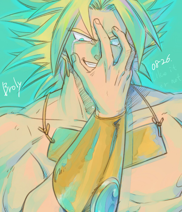 bakusou_k bare_chest blue_eyes bracelet broly character_name collar crying dated dragon_ball dragon_ball_z earrings eyebrows_visible_through_hair hand_on_own_face jewelry legendary_super_saiyan looking_away male_focus shirtless smile solo spiked_hair super_saiyan tears text_focus