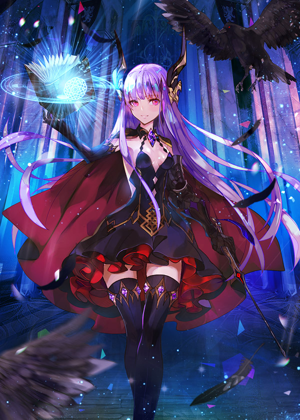 bird book breasts cape cleavage crow elbow_gloves gloves jewelry long_hair magic_circle original purple_hair red_eyes revision small_breasts solo thighhighs very_long_hair wand weed_(astarone)