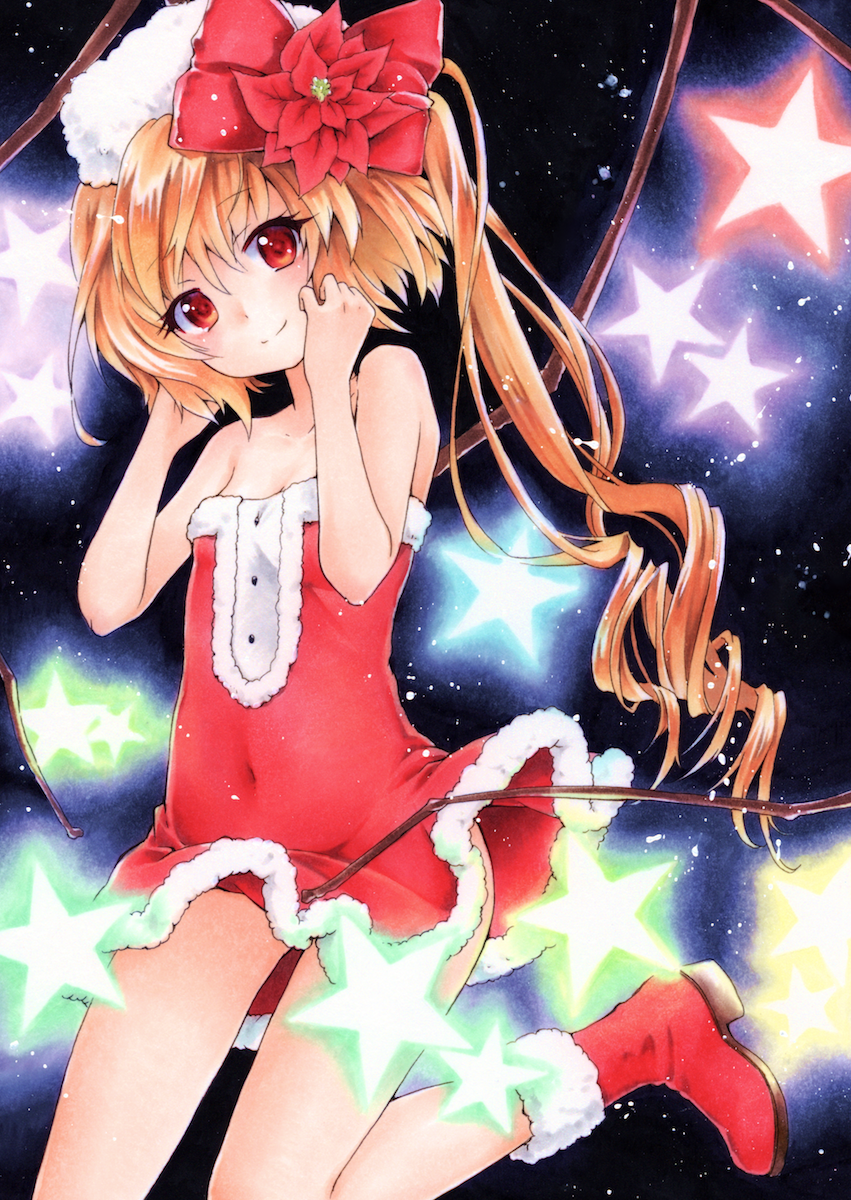alternate_costume bare_arms bare_legs bare_shoulders blonde_hair boots bow breasts closed_mouth covered_navel dress flandre_scarlet flower funnyfunny hair_bow hair_flower hair_ornament hands_up hat highres long_hair looking_at_viewer red_bow red_dress red_eyes red_flower red_footwear santa_costume short_dress side_ponytail small_breasts smile solo star touhou traditional_media white_hat wings