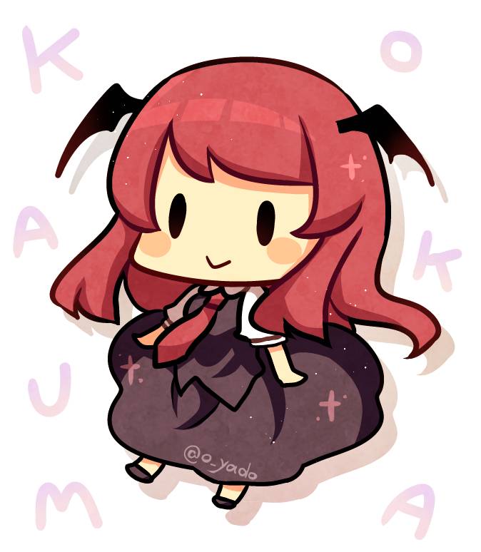 :&gt; bat_wings blush_stickers character_name chibi collared_shirt commentary_request cross full_body head_wings koakuma long_hair looking_at_viewer necktie no_nose puffy_short_sleeves puffy_sleeves red_neckwear shirt shoes short_sleeves sidelocks simple_background skirt skirt_set smile solid_oval_eyes solo touhou twitter_username vest white_background white_shirt wings yadoyuki