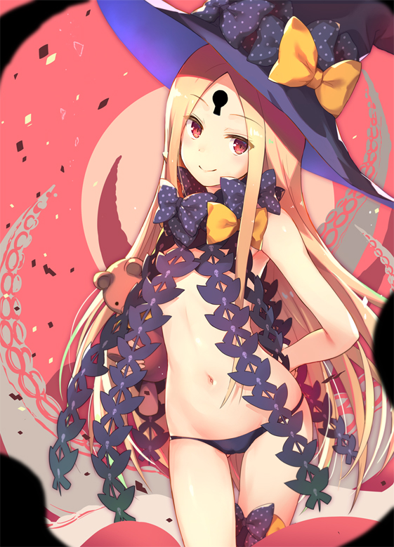 abigail_williams_(fate/grand_order) armpits arms_behind_back ass_visible_through_thighs bangs bare_arms bare_shoulders black_bow black_panties blonde_hair blush bow closed_mouth cowboy_shot debris eyebrows_visible_through_hair facial_mark fate/grand_order fate_(series) flat_chest forehead_mark hat hat_bow head_tilt hinooka_shuuji holding holding_stuffed_animal keyhole long_hair looking_at_viewer navel orange_bow panties parted_bangs polka_dot polka_dot_bow red_eyes revealing_clothes smile solo standing stomach stuffed_animal stuffed_toy teddy_bear tentacles thigh_gap underwear very_long_hair