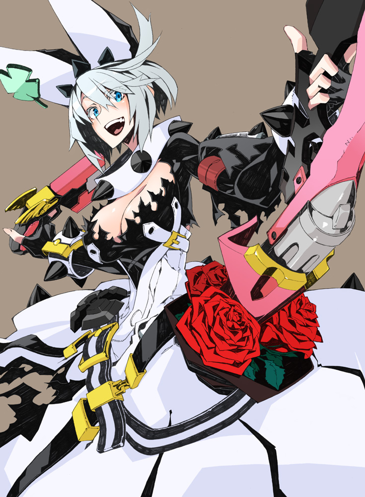 blue_eyes bouquet breasts cleavage clover elbow_gloves elphelt_valentine flower four-leaf_clover gloves grey_hair guilty_gear guilty_gear_xrd holding holding_weapon large_breasts nayutarou_(nyt_kag) red_flower red_rose rose short_hair simple_background smile solo spoilers weapon
