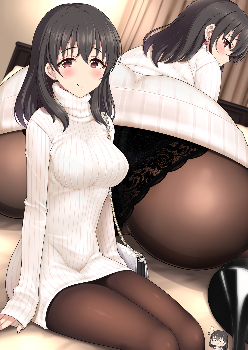 :t ass black_hair black_legwear black_panties blush bralines breasts brown_eyes fujiwara_hajime high_heels highres idolmaster idolmaster_cinderella_girls jewel_(the_black_canvas) lace lace_panties long_hair looking_at_viewer medium_breasts multiple_views panties panties_under_pantyhose pantyhose profile ribbed_sweater smile sweater turtleneck turtleneck_sweater underwear wide_oval_eyes