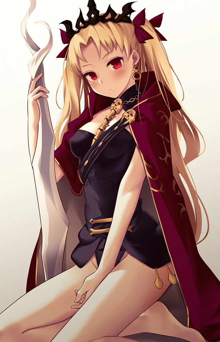 bangs bare_legs barefoot between_breasts blonde_hair blush breasts buckle cape commentary covered_nipples earrings ereshkigal_(fate/grand_order) fate/grand_order fate_(series) gradient gradient_background grey_background groin hair_ribbon holding holding_weapon jewelry kneeling long_hair looking_at_viewer parted_bangs parted_lips polearm red_cape red_eyes revision ribbon skull small_breasts solo spear tiara two_side_up very_long_hair weapon white_background zen_o