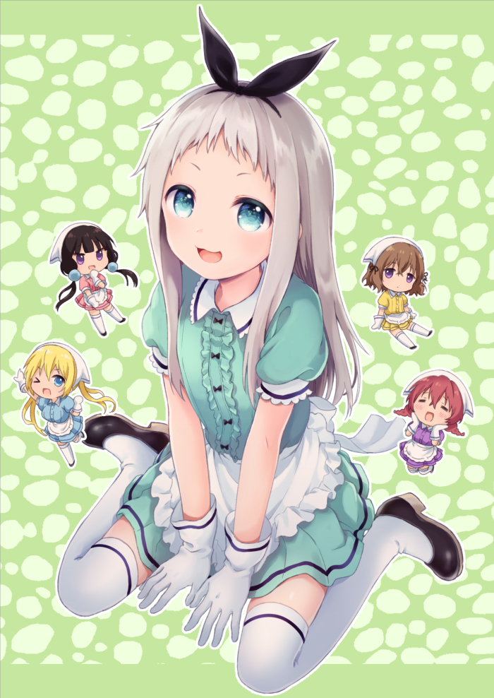 &gt;_o 4girls :d =_= amano_miu apron bad_id bad_pixiv_id between_legs black_footwear black_ribbon blend_s blonde_hair blue_eyes blue_shirt blue_skirt blush braid brown_hair center_frills chibi clenched_hand collared_shirt eyebrows_visible_through_hair frilled_apron frills gloves green_background green_shirt green_skirt hair_between_eyes hair_ribbon hand_between_legs hands_on_own_cheeks hands_on_own_face head_scarf hinata_kaho hoshikawa_mafuyu kanzaki_hideri konayama_kata leg_up legs_up loafers long_hair looking_at_viewer low_twintails multiple_girls one_eye_closed open_mouth otoko_no_ko outline outstretched_arm pink_shirt pink_skirt pleated_skirt puffy_short_sleeves puffy_sleeves purple_eyes purple_shirt purple_skirt red_hair ribbon sakuranomiya_maika shirt shoes short_hair short_sleeves silver_hair sitting skirt smile stile_uniform thighhighs twin_braids twintails v-shaped_eyebrows very_long_hair waist_apron waitress wariza white_apron white_gloves white_legwear wing_collar yellow_shirt yellow_skirt