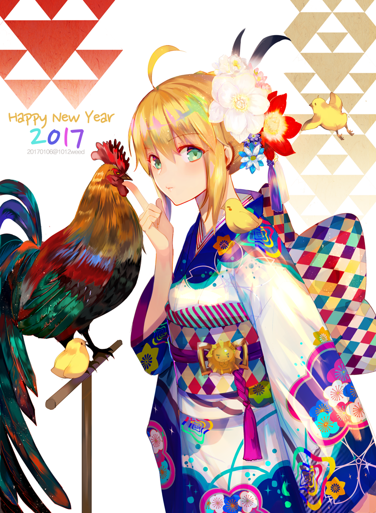 2017 ahoge animal artoria_pendragon_(all) bird blonde_hair chick chicken chinese_zodiac commentary_request fate/stay_night fate_(series) flower furisode green_eyes hair_flower hair_ornament happy_new_year japanese_clothes kimono looking_at_viewer nengajou new_year revision rooster saber weed_(astarone) year_of_the_rooster