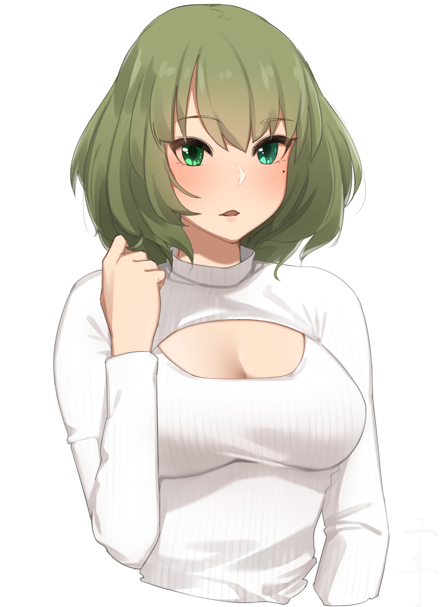 bangs blue_eyes blush breasts cleavage cleavage_cutout eyebrows_visible_through_hair eyelashes green_eyes green_hair heterochromia highlights highres idolmaster idolmaster_cinderella_girls long_sleeves looking_at_viewer medium_breasts meme_attire mole mole_under_eye multicolored_hair open-chest_sweater parted_lips playing_with_own_hair senju_(snz0) short_hair simple_background solo sweater takagaki_kaede tsurime upper_body upper_teeth white_background white_sweater