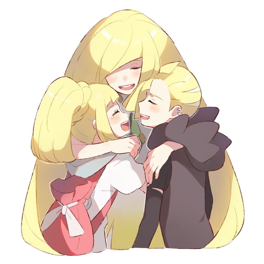 2girls :d backpack bag big_hair blonde_hair blush brother_and_sister closed_eyes gladio_(pokemon) hair_over_one_eye happy happy_tears hood hood_down hoodie hug lillie_(pokemon) long_hair long_sleeves lusamine_(pokemon) mother_and_daughter mother_and_son multiple_girls open_mouth pokemon pokemon_(anime) pokemon_sm_(anime) ponytail shiny shiny_hair shirt short_hair short_sleeves siblings sidelocks simple_background smile tearing_up tears torn_clothes unapoppo upper_body very_long_hair white_background white_shirt