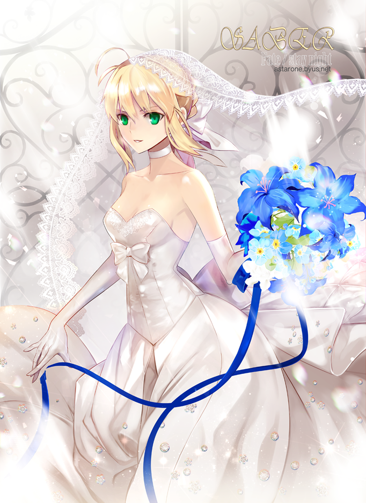 ahoge artoria_pendragon_(all) bare_shoulders blonde_hair bouquet breasts bustier character_name choker cleavage commentary copyright_name dress elbow_gloves fate/stay_night fate_(series) flower gloves green_eyes looking_at_viewer medium_breasts revision ribbon saber short_hair solo watermark web_address wedding_dress weed_(astarone) white_gloves
