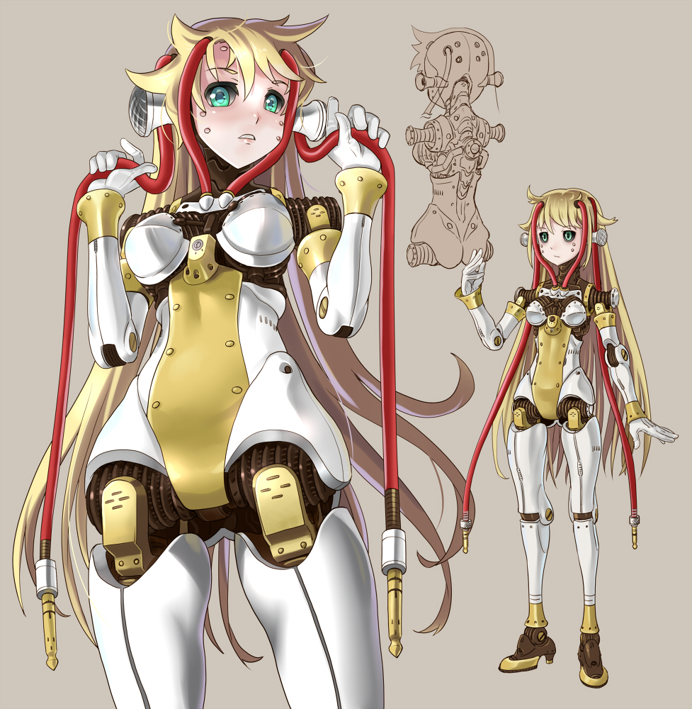 android aqua_eyes beige_background black_sclera blonde_hair breasts cable katahira_masashi long_hair looking_at_viewer mecha_musume medium_breasts original parted_lips robot_joints simple_background solo