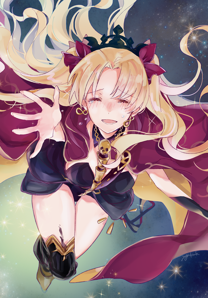 artist_name bangs black_dress black_legwear blonde_hair blush bow cloak closed_eyes commentary_request dress ereshkigal_(fate/grand_order) eyebrows_visible_through_hair facing_viewer fate/grand_order fate_(series) floating_hair gloves hair_bow long_hair nose_blush open_mouth outstretched_arm purple_bow signature single_glove single_thighhigh smile solo space tears teeth thighhighs thighs wavy_hair yuge_(mkmk)