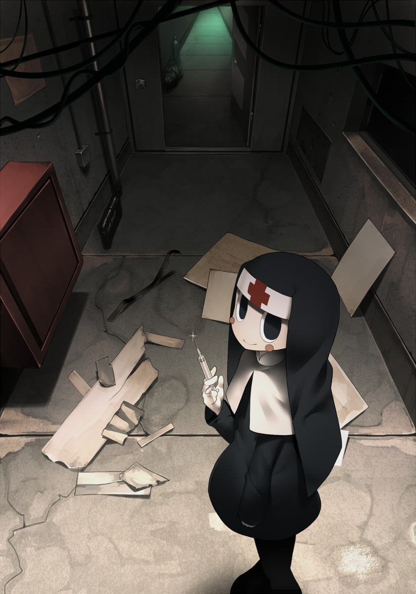 black_eyes blush_stickers broken cabinet commentary_request gloves habit hallway harau highres indoors long_sleeves looking_at_viewer nun original partial_commentary ruins smile solo standing syringe white_gloves