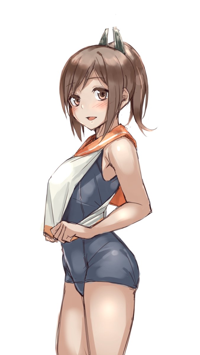 bare_arms bare_shoulders blue_swimsuit blush brown_eyes brown_hair commentary_request contrapposto cowboy_shot eyebrows_visible_through_hair from_side fumikiri highres i-401_(kantai_collection) kantai_collection looking_at_viewer looking_to_the_side one-piece_swimsuit orange_sailor_collar parted_lips ponytail pulled_by_self sailor_collar school_swimsuit school_uniform serafuku shirt_pull simple_background smile solo standing swimsuit white_background