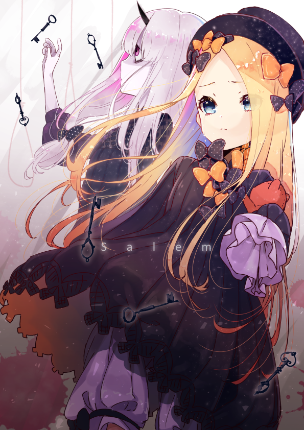 abigail_williams_(fate/grand_order) bags_under_eyes bangs black_bow black_dress black_hat blonde_hair bloomers blue_eyes bow bug butterfly closed_mouth commentary_request dress eyes_visible_through_hair fate/grand_order fate_(series) hair_bow hair_over_one_eye hat horn hoshino_ruru insect key lavinia_whateley_(fate/grand_order) long_hair long_sleeves looking_at_viewer multiple_girls object_hug orange_bow pale_skin parted_bangs pink_eyes polka_dot polka_dot_bow profile sleeves_past_fingers sleeves_past_wrists stuffed_animal stuffed_toy teddy_bear underwear very_long_hair white_bloomers white_hair