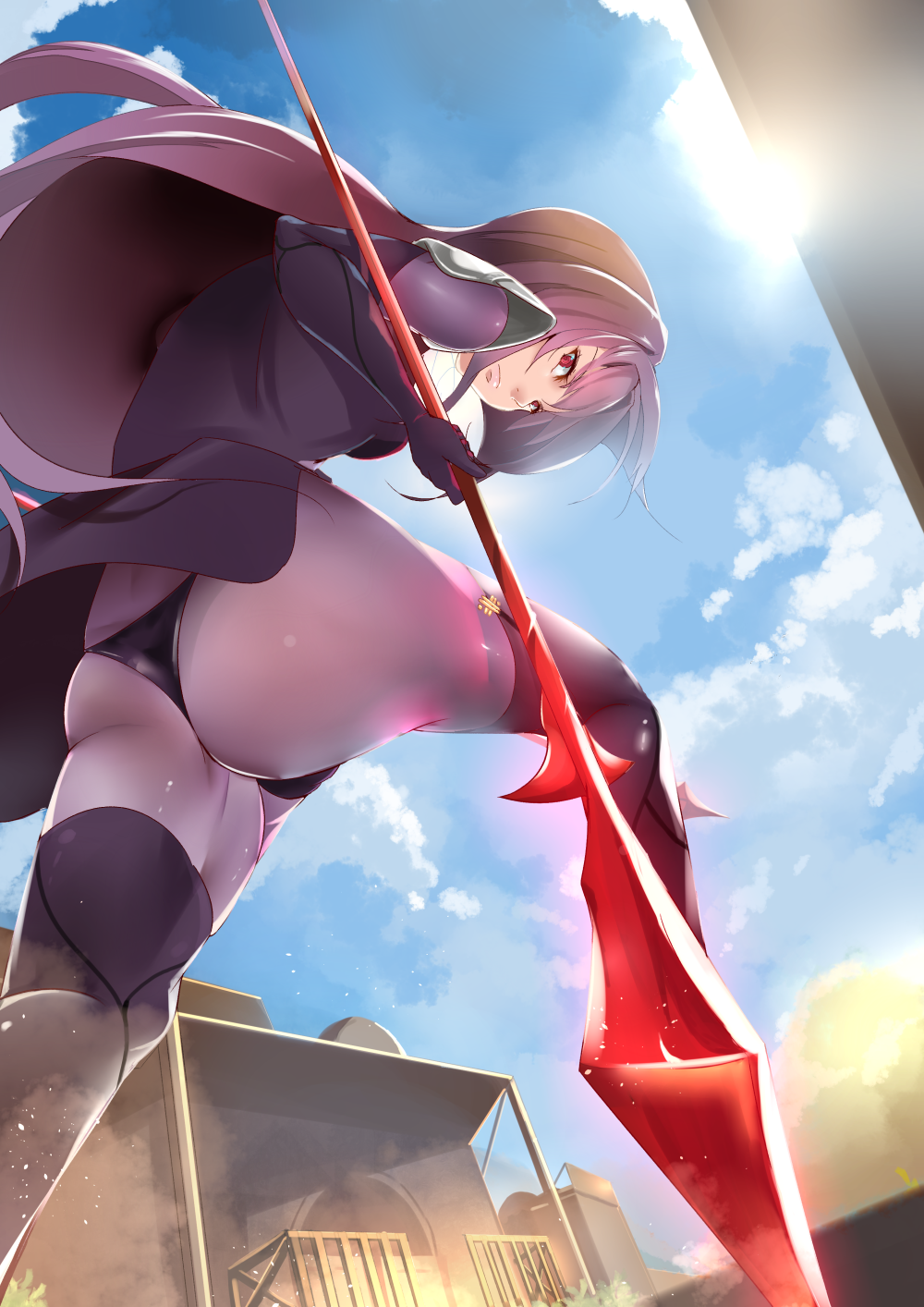 1girl armor artist_request ass blue_sky bodysuit boots breasts clouds expressionless fate/grand_order fate_(series) from_behind from_below gae_bolg gloves long_hair looking_at_viewer looking_back panties panties_under_pantyhose pantyhose purple_hair red_eyes scathach_(fate/grand_order) shiny shiny_clothes sideboob skirt solo spear thigh_boots thong underwear upskirt very_long_hair weapon